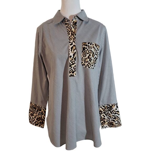 Chico's Size 0.5 US S Striped Animal Print Pullover Tunic Collared Bohemian Boho - Picture 1 of 10